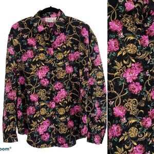 Vintage Black Pink Floral Button Down Shirt Light